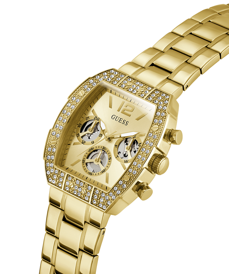 Gold GUESS Mens Gold Tone Analog Watch with gemstone accents on a white background lifestyle