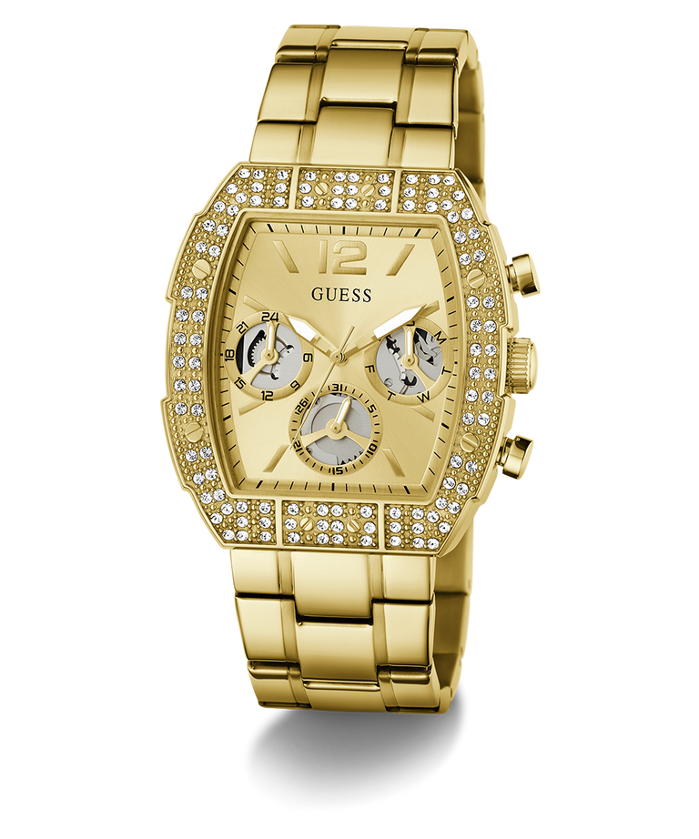 Gold GUESS Mens Gold Tone Analog Watch with gemstone accents on a white background
