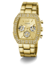 Gold GUESS Mens Gold Tone Analog Watch with gemstone accents on a white background