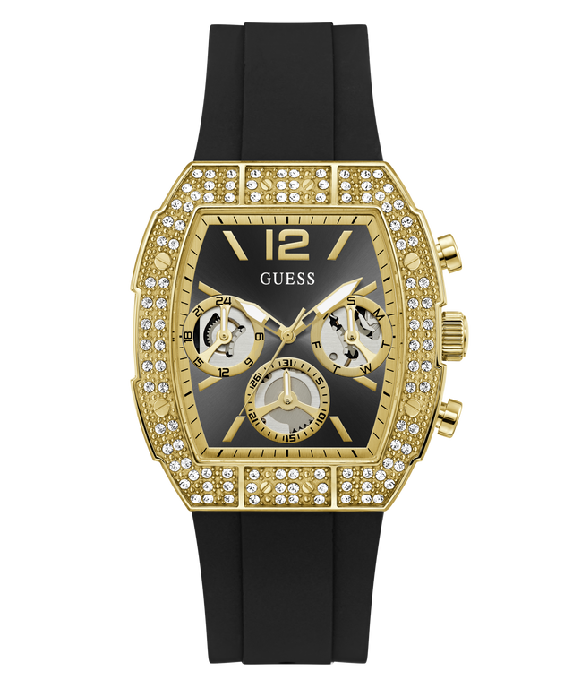 Luxury GUESS Mens Black Gold Tone Analog Watch GUESS Mens Black Gold Tone Analog Watch with gold case, black strap, and diamond-studded face on a white background