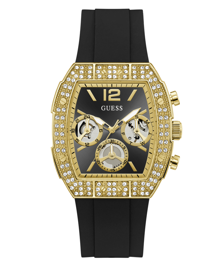 Luxury GUESS Mens Black Gold Tone Analog Watch GUESS Mens Black Gold Tone Analog Watch with gold case, black strap, and diamond-studded face on a white background