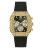 Luxury GUESS Mens Black Gold Tone Analog Watch GUESS Mens Black Gold Tone Analog Watch with gold case, black strap, and diamond-studded face on a white background