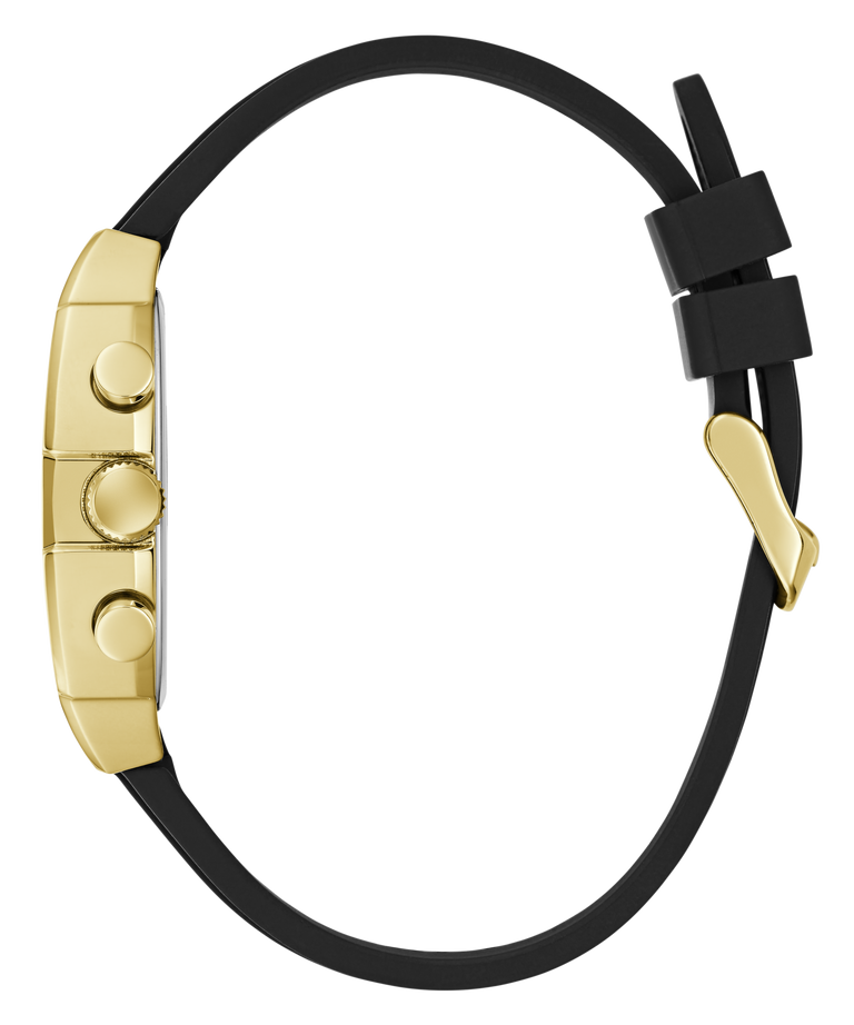 Gold watch with black strap on a white background
