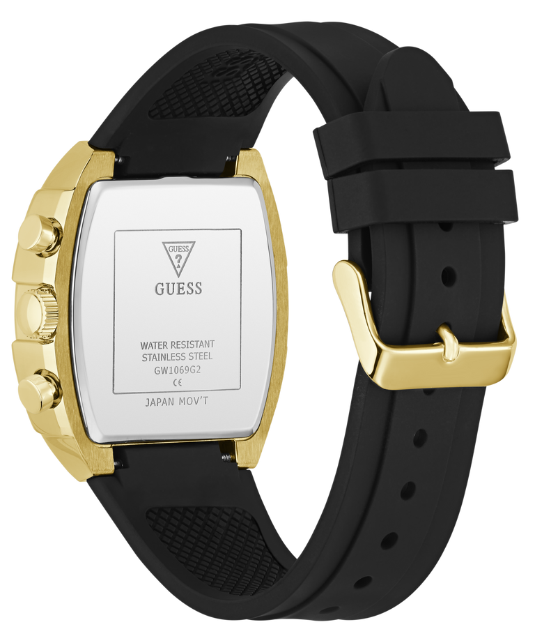 Black and gold watch with visible Guess branding on a white background
