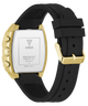 Black and gold watch with visible Guess branding on a white background