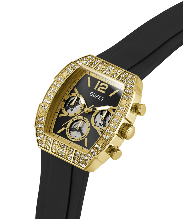 Gold and black watch with Guess branding on a clear background lifestyle
