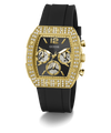 Gold and black watch with diamond-studded bezel on a white background