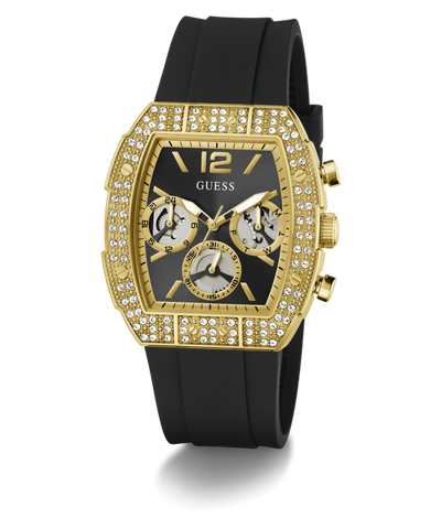Gold and black watch with diamond-studded bezel on a white background