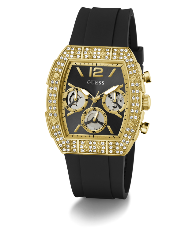 Gold and black watch with diamond-studded bezel on a white background