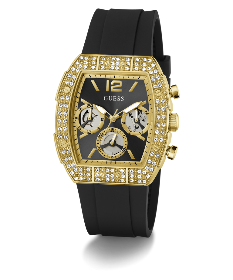 Gold and black watch with diamond-studded bezel on a white background