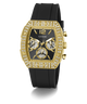 Gold and black watch with diamond-studded bezel on a white background