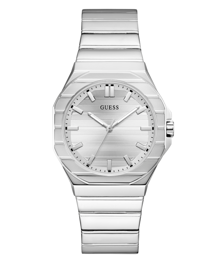 Silver watch with a white face on a white background
