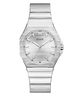 Silver watch with a white face on a white background