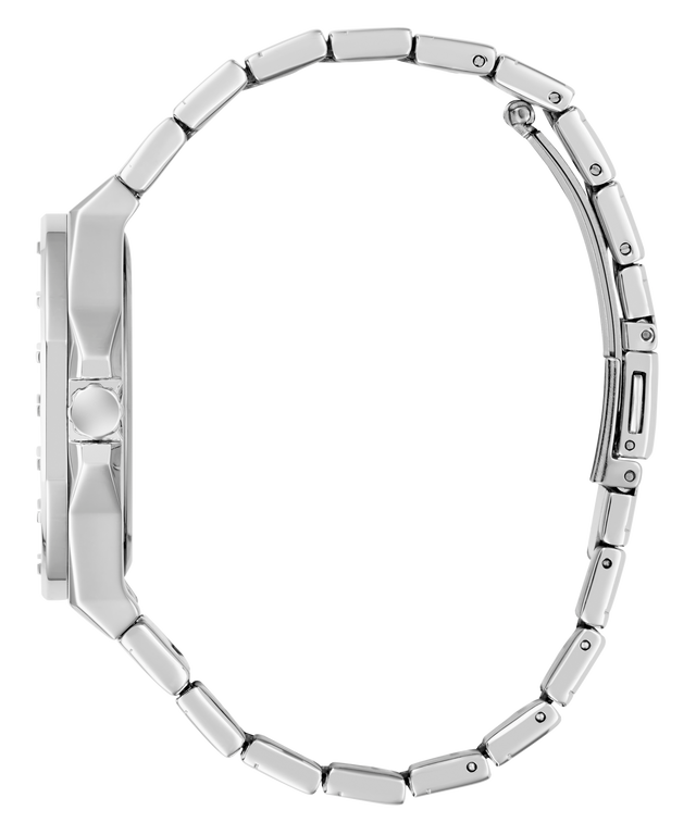 Close-up of a silver bracelet on a white background
