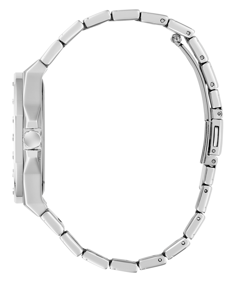 Close-up of a silver bracelet on a white background