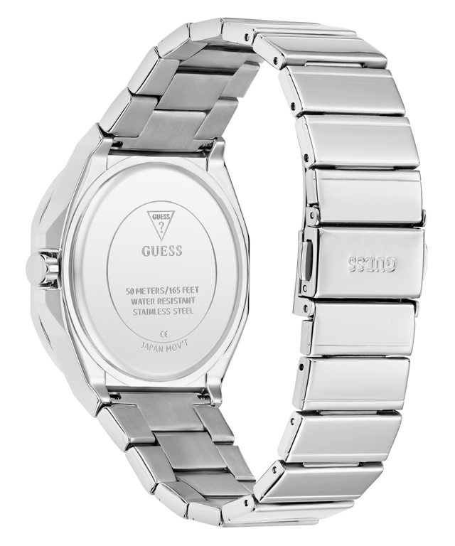 Silver watch with a metallic band on a white background