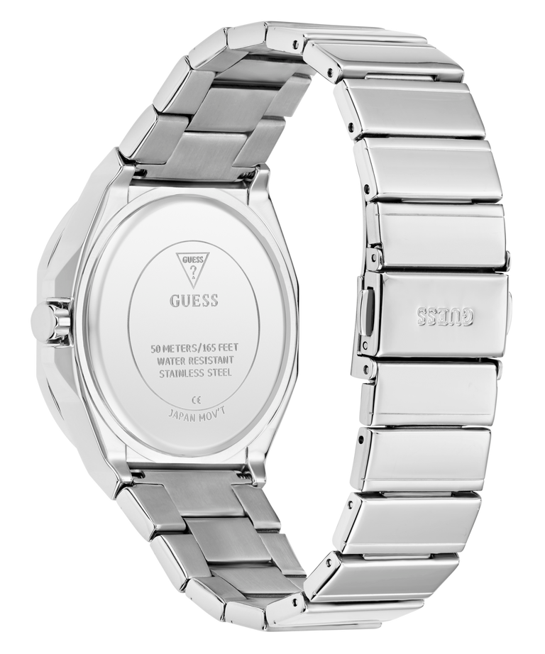 Silver watch with a metallic band on a white background