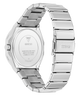 Silver watch with a metallic band on a white background