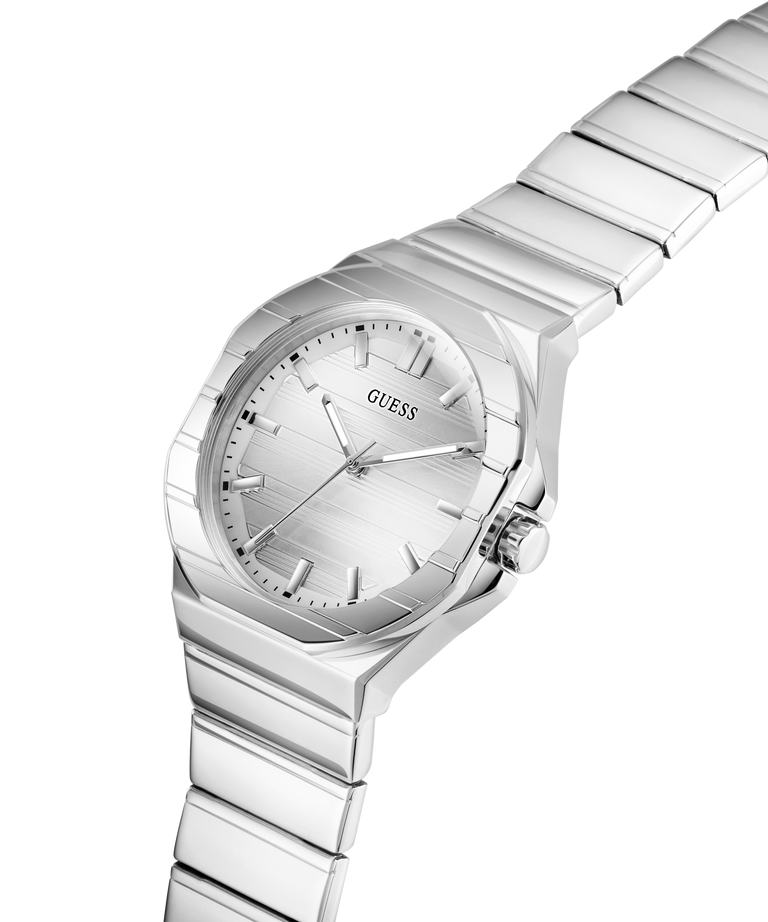 Silver Guess watch with a white face on a white background lifestyle