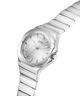 Silver Guess watch with a white face on a white background lifestyle