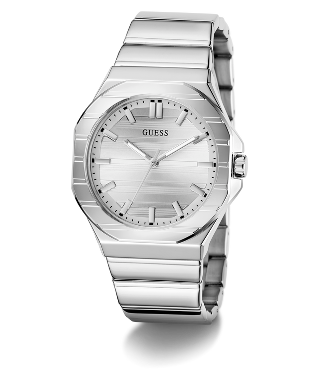 Silver Guess watch on a white background