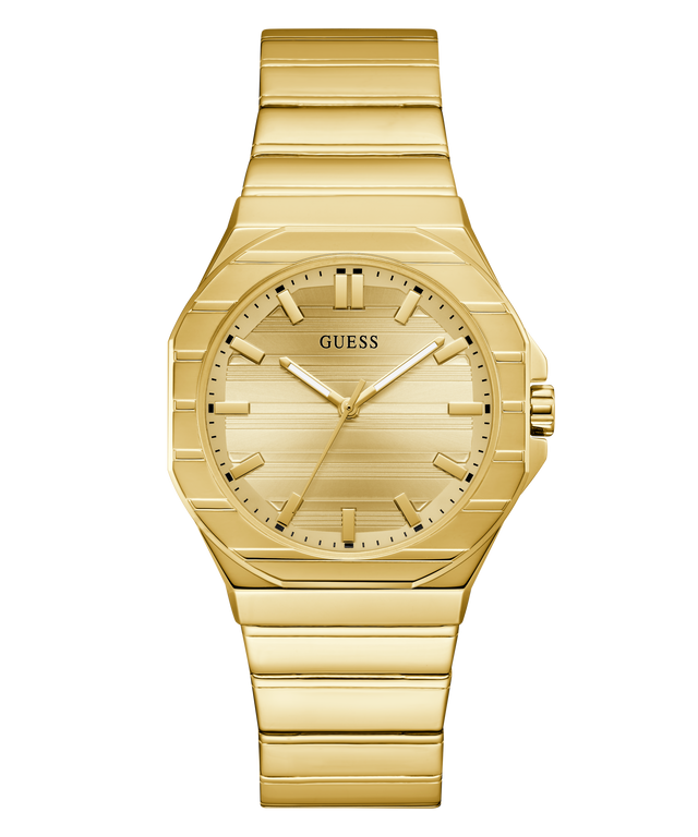 Gold GUESS Mens Jaq Gold Tone Analog Watch with a white background