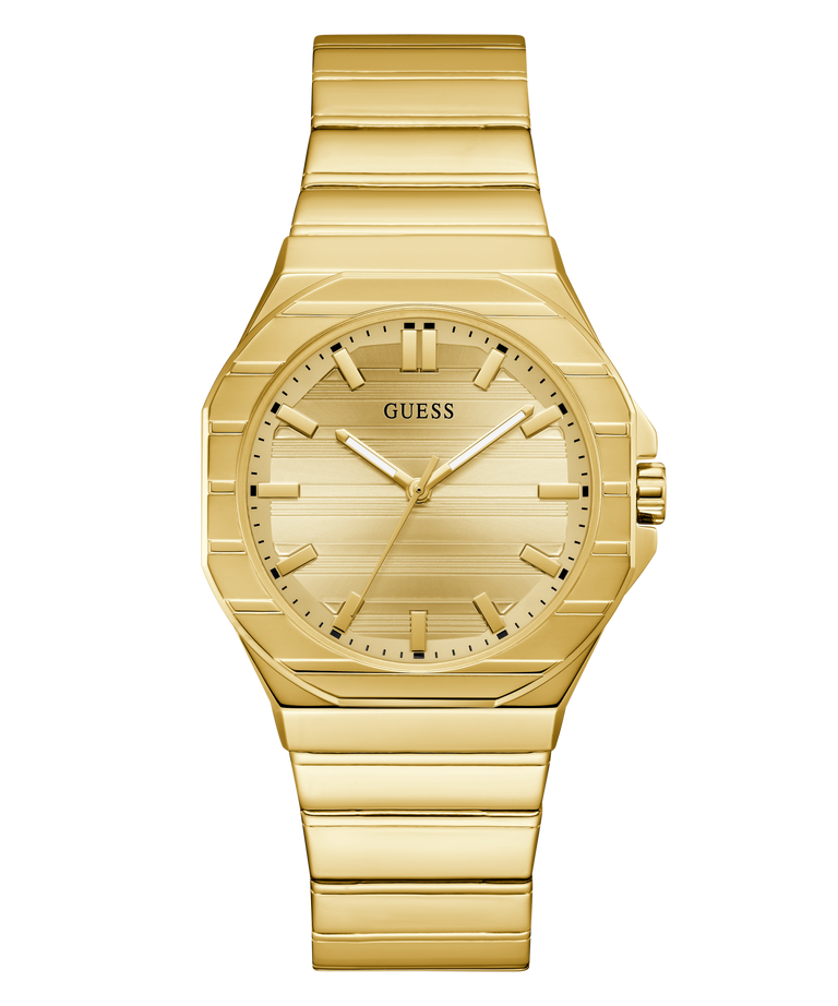 Gold GUESS Mens Jaq Gold Tone Analog Watch with a white background