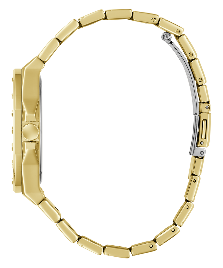 Gold GUESS Mens Jaq Gold Tone Analog Watch with a white background