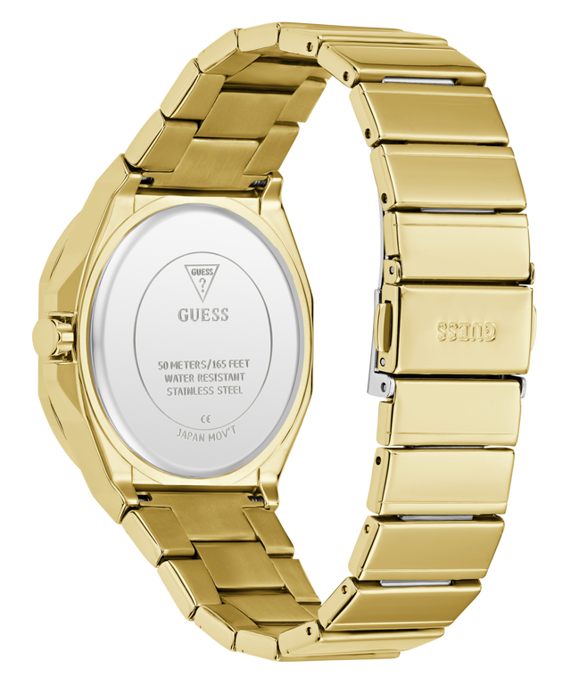 Gold GUESS Mens Jaq Gold Tone Analog Watch with a white face on a white background