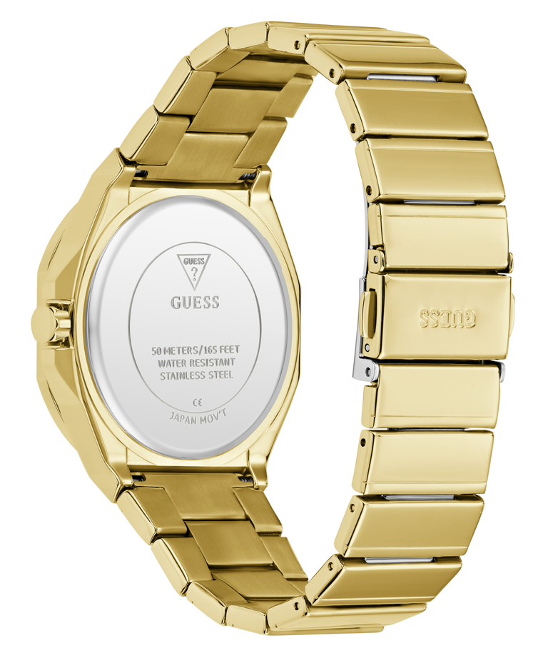 Gold GUESS Mens Jaq Gold Tone Analog Watch with a white face on a white background