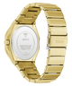 Gold GUESS Mens Jaq Gold Tone Analog Watch with a white face on a white background