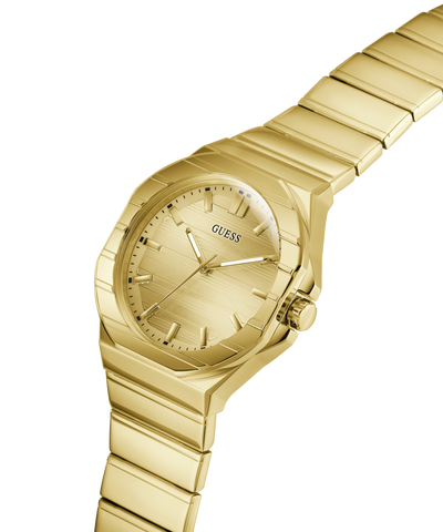 Gold GUESS Mens Jaq Gold Tone Analog Watch with a visible brand logo on a white background lifestyle