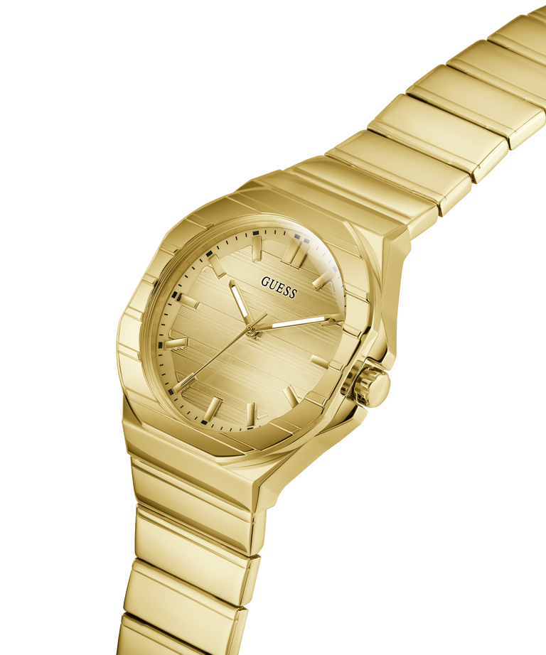 Gold GUESS Mens Jaq Gold Tone Analog Watch with a visible brand logo on a white background lifestyle