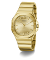Gold GUESS Mens Jaq Gold Tone Analog Watch with a visible brand logo on a white background