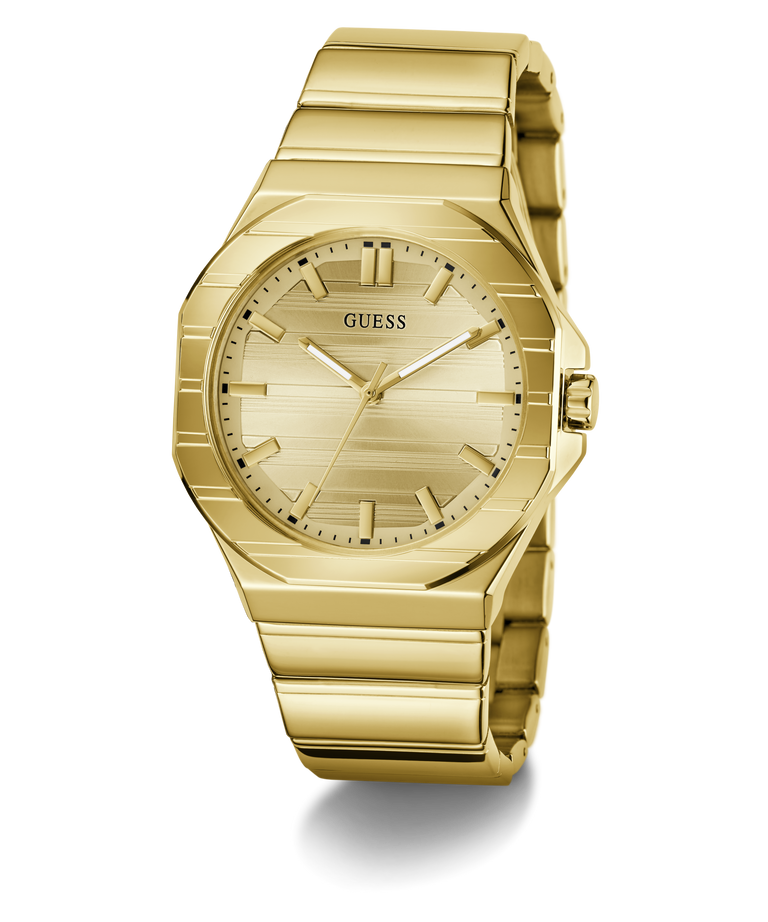 Gold GUESS Mens Jaq Gold Tone Analog Watch with a visible brand logo on a white background