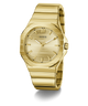 Gold GUESS Mens Jaq Gold Tone Analog Watch with a visible brand logo on a white background
