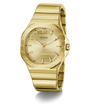 Gold GUESS Mens Jaq Gold Tone Analog Watch with a visible brand logo on a white background