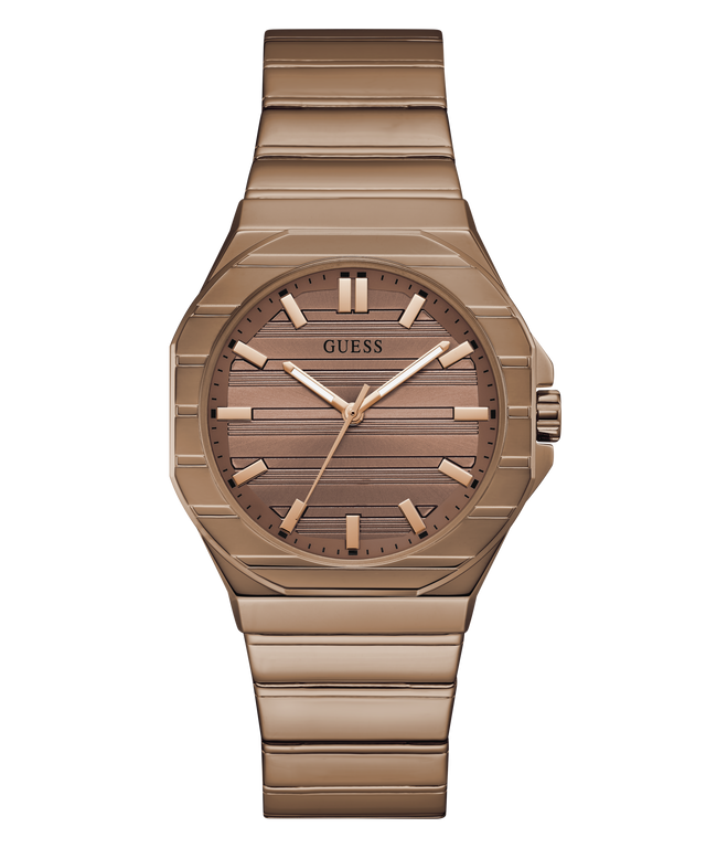 GUESS Mens Jaq Coffee Analog Watch with a patterned face on a white background