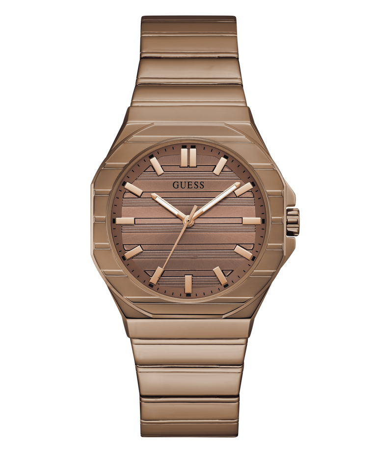 GUESS Mens Jaq Coffee Analog Watch with a patterned face on a white background