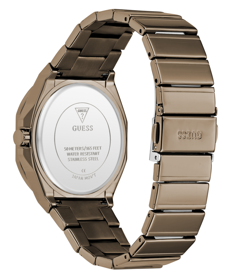 GUESS Mens Jaq Coffee Analog Watch with metal band on a white background