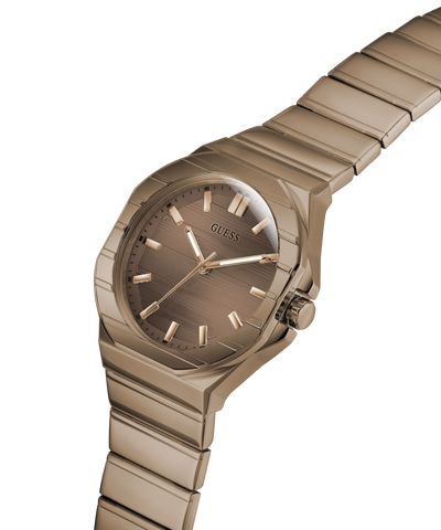 GUESS Mens Jaq Coffee Analog Watch with a metallic band on a white background lifestyle