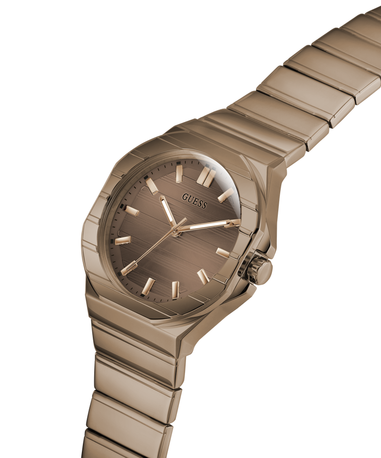 GUESS Mens Jaq Coffee Analog Watch with a metallic band on a white background lifestyle
