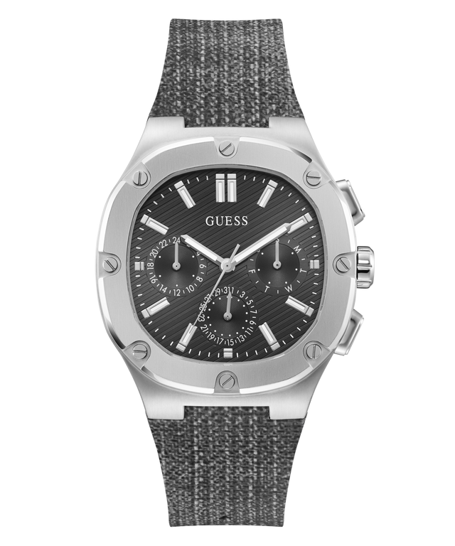 Guess watch with black face and gray textured strap on white background