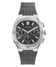 Guess watch with black face and gray textured strap on white background