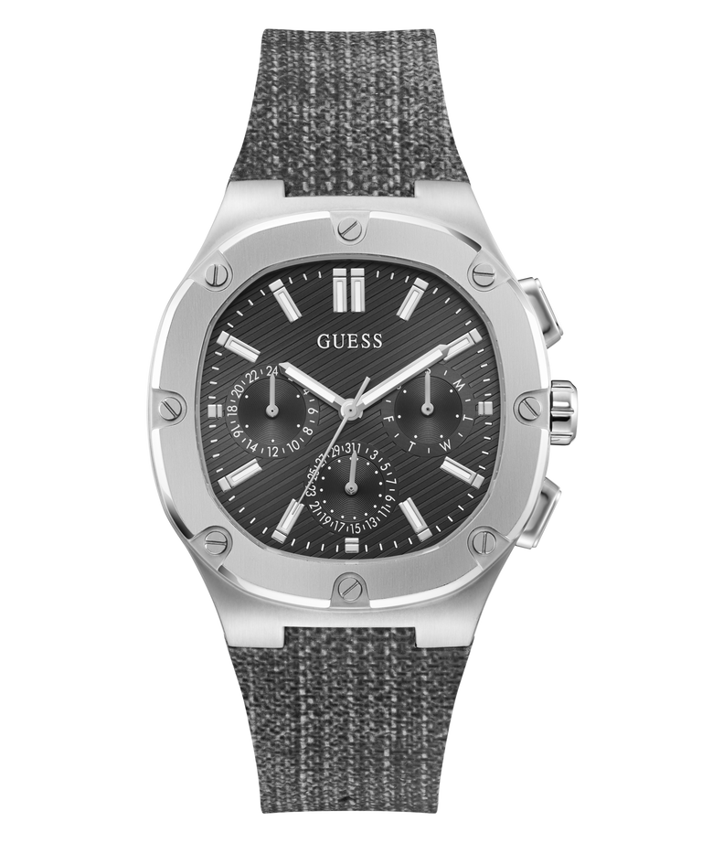 GUESS Mens Black Silver Tone Multi-function Watch