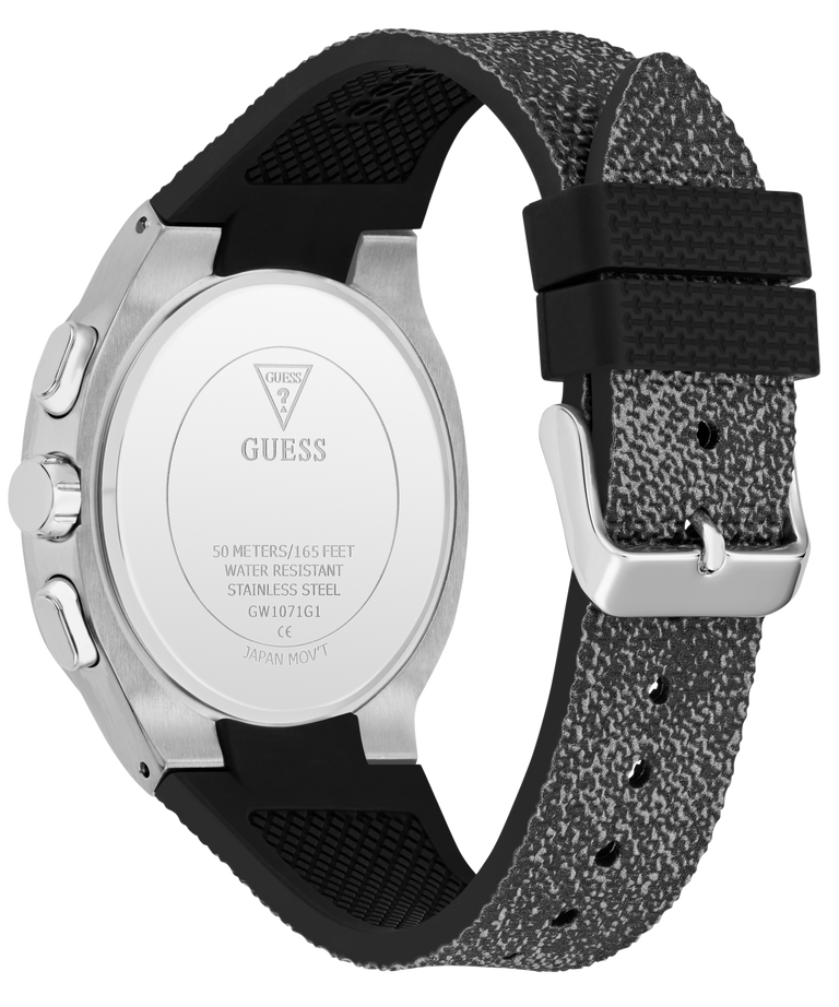 GUESS Mens Black Silver Tone Multi-function Watch