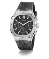 Black and silver watch with textured band on a white background