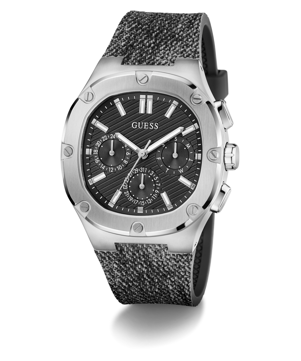 GUESS Mens Black Silver Tone Multi-function Watch