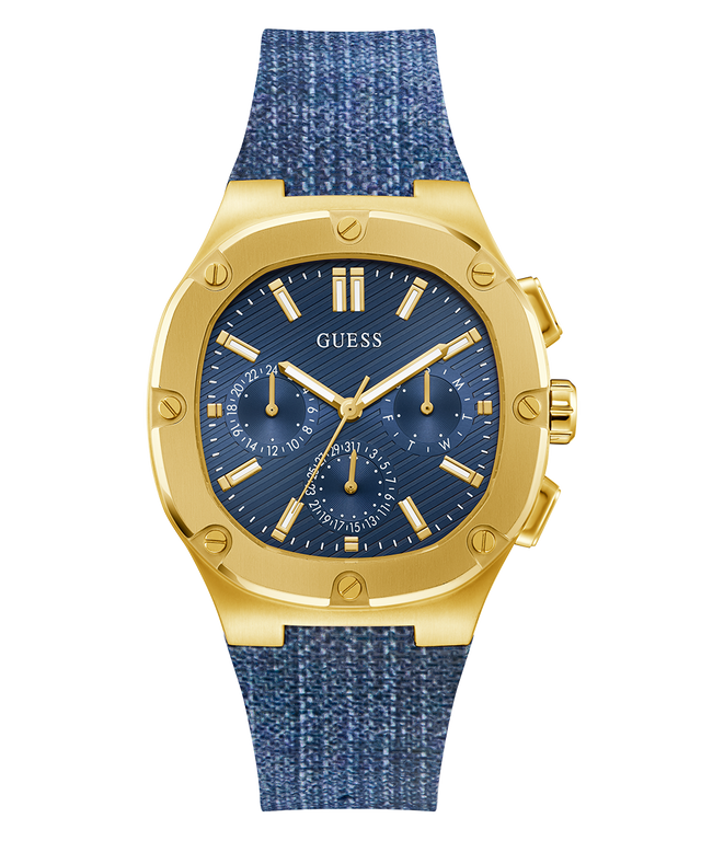 Gold watch with blue face and strap on a white background