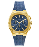 Gold watch with blue face and strap on a white background